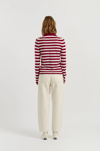 Cherry Wool-Cashmere Stripe Collared Sweater