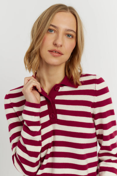 Cherry Wool-Cashmere Stripe Collared Sweater