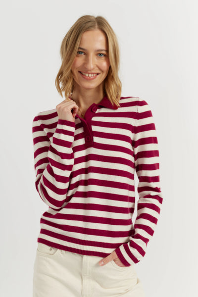 Cherry Wool-Cashmere Stripe Collared Sweater