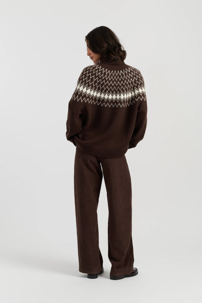 Chocolate Wool-Cashmere Fair Isle Rollneck Sweater