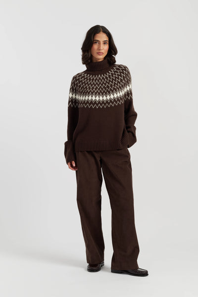 Chocolate Wool-Cashmere Fair Isle Rollneck Sweater