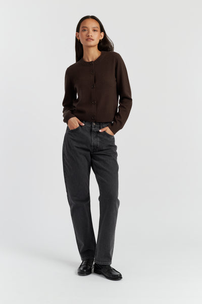 Chocolate Wool-Cashmere Crew Neck Cardigan
