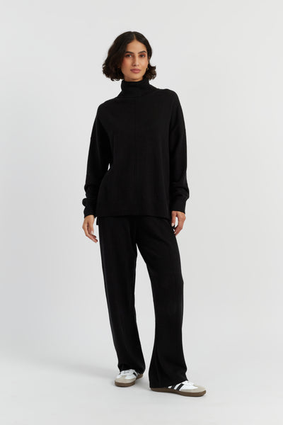 Black Wool-Cashmere Relaxed Rollneck Sweater