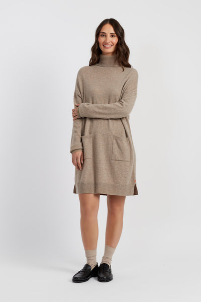 Warm-Oatmeal Wool-Cashmere Mini Rollneck Dress