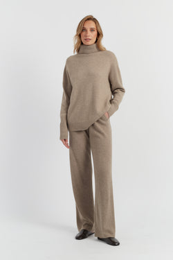 Warm-Oatmeal Pure Cashmere Wide-Leg Pants