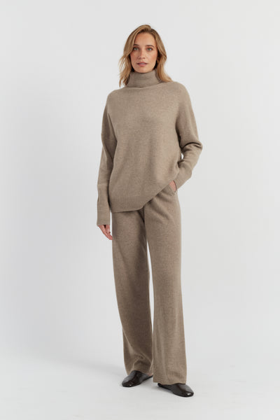Warm-Oatmeal Pure Cashmere Wide-Leg Pants