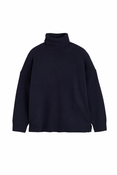 Navy Wool-Cashmere Elbow Patch Rollneck Sweater