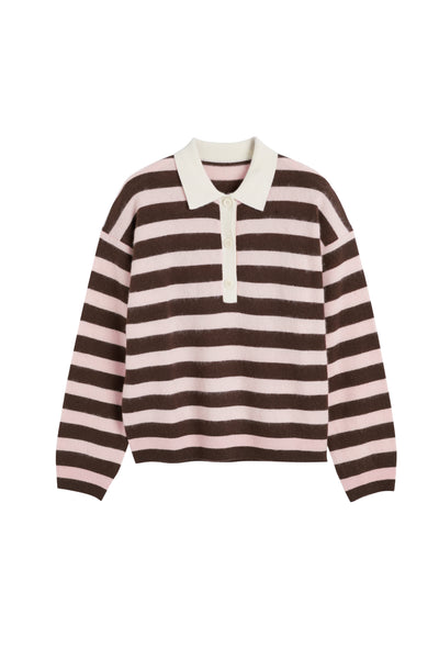 Pink-Chocolate Brushed Merino Stripe Polo Top