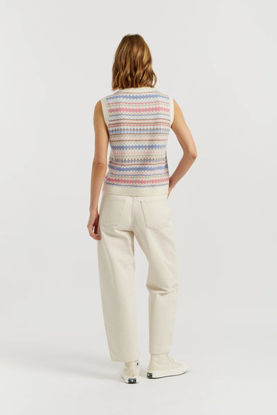 Cream Wool-Cashmere Fair Isle V-neck Tank