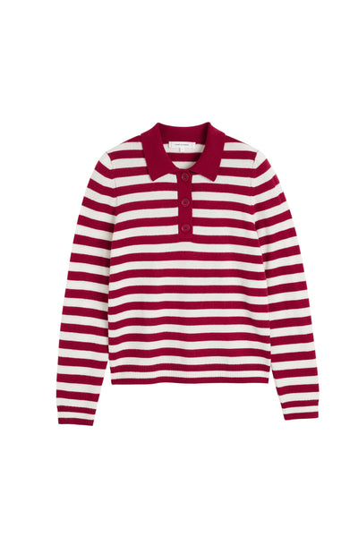 Cherry Wool-Cashmere Stripe Collared Sweater