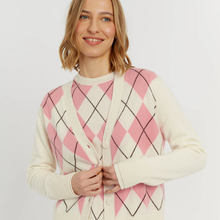 Salmon Wool-Cashmere Argyle Cardigan - Chinti & Parker UK