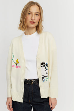 Cream Wool-Cashmere Snoopy Embroidered Cardigan