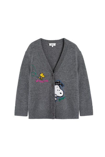 Grey Wool-Cashmere Snoopy Embroidered Cardigan