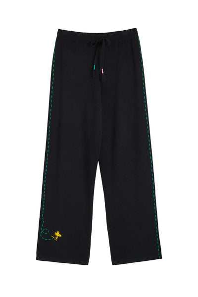 Black Wool-Cashmere Peanuts Wide Leg Track Pants