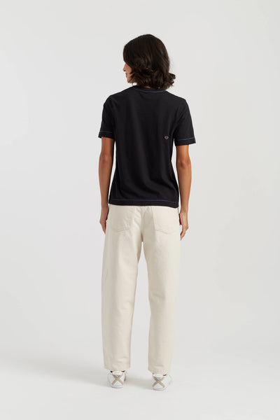 Black Cotton Snoopy Embroidered T-Shirt