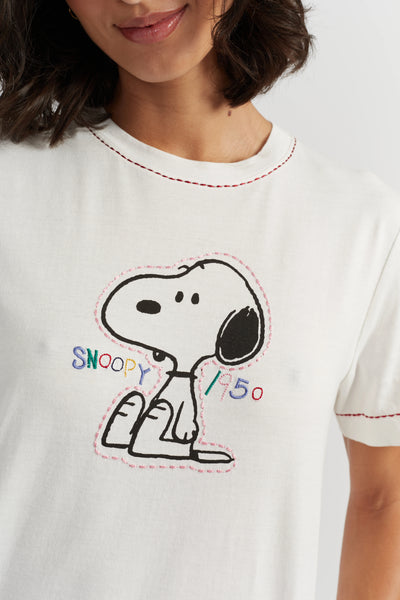Cream Cotton Snoopy Embroidered T-Shirt