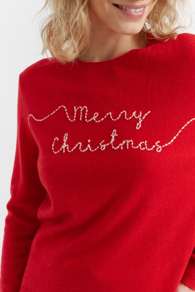 Red sweater with 'Merry Christmas' text on a white background