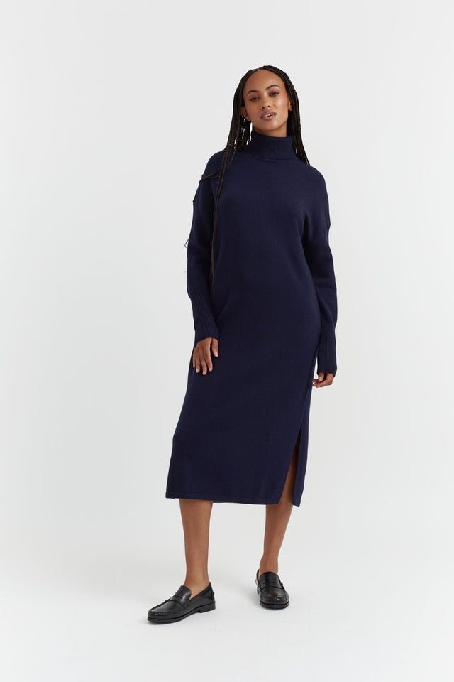 Navy Wool-Cashmere Roll Neck Dress image 4