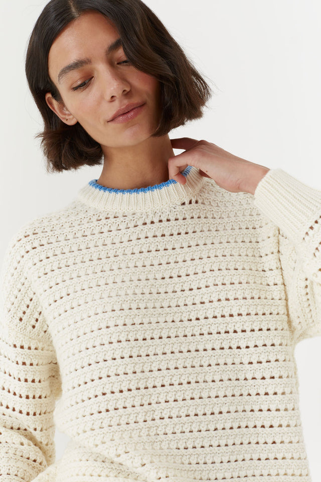 Cream Wool-Cashmere Crochet Stitch Sweater image 1