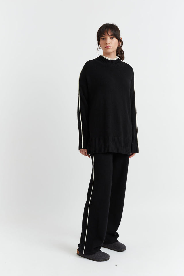 Black Wool-Cashmere Piped Sweater image 4