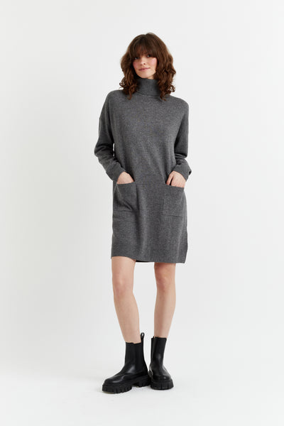 Grey Wool-Cashmere Mini Rollneck Dress