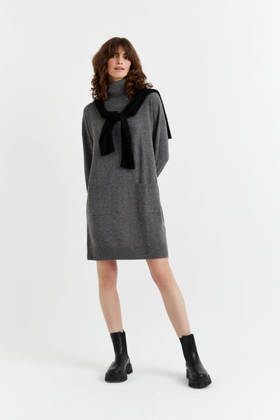 Grey Wool-Cashmere Mini Rollneck Dress