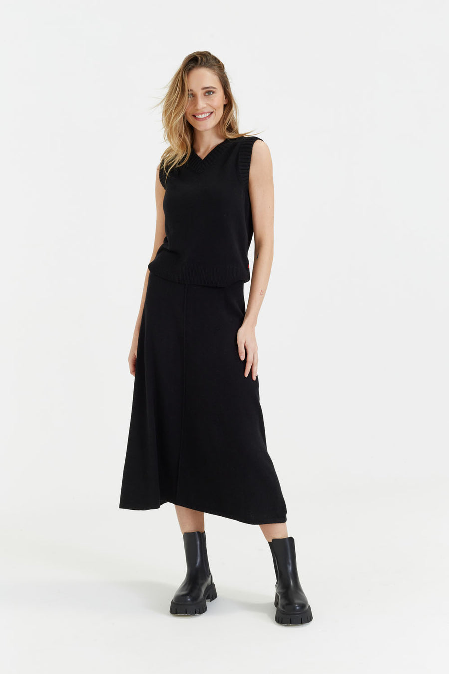 Black Wool-Cashmere Midi Skirt