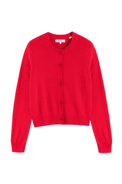 Velvet-Red Wool-Cashmere Crew Neck Cardigan