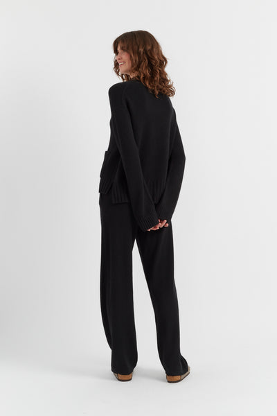 Black Pure Cashmere Patch Pocket Sweater