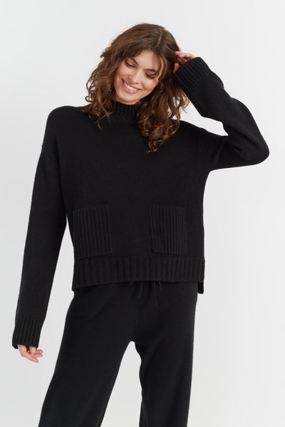 Black Pure Cashmere Patch Pocket Sweater