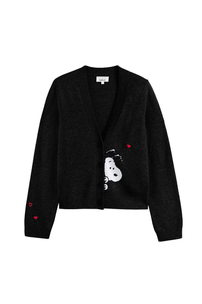 Black cardigan with a cartoon character and red hearts on a white background
