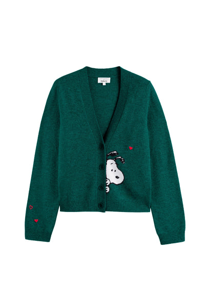 Green cardigan with a cartoon character on a white background