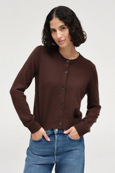 Chocolate Wool-Cashmere Crew Neck Cardigan