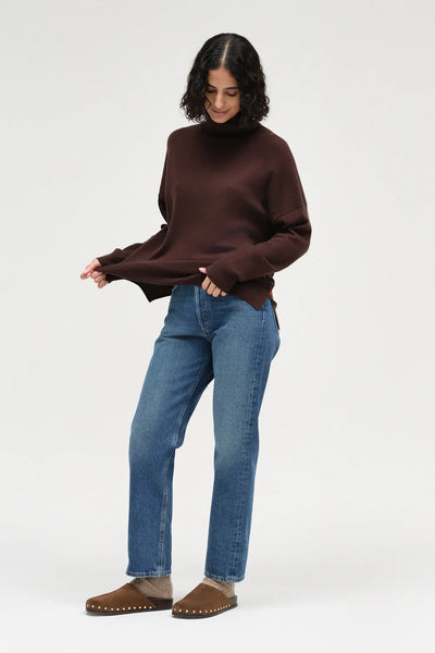 Chocolate Wool-Cashmere Relaxed Rollneck Sweater