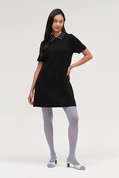 Black Pure Merino Jewelled Collar Dress