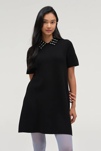Black Pure Merino Jewelled Collar Dress