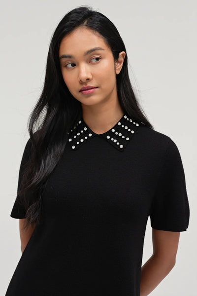 Black Pure Merino Jewelled Collar Dress