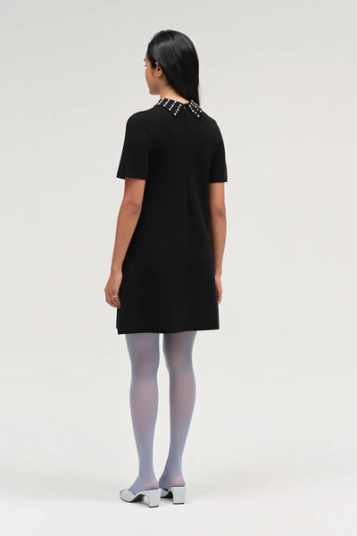 Black Pure Merino Jewelled Collar Dress