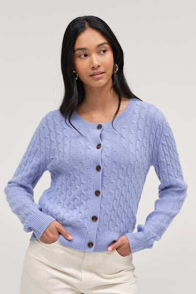 Baby-Blue Pure Cashmere Cabled Crew Neck Cardigan