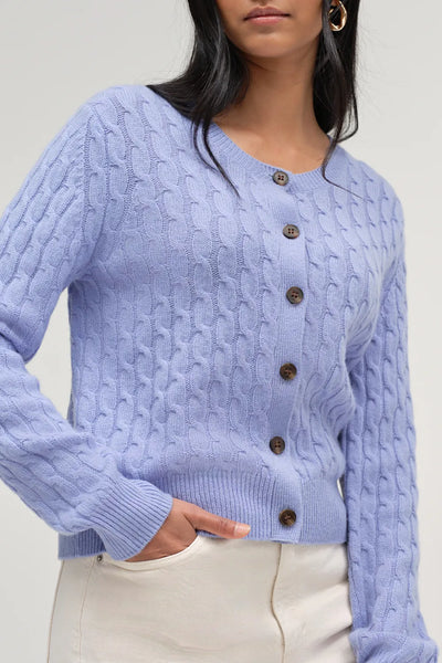 Baby-Blue Pure Cashmere Cabled Crew Neck Cardigan