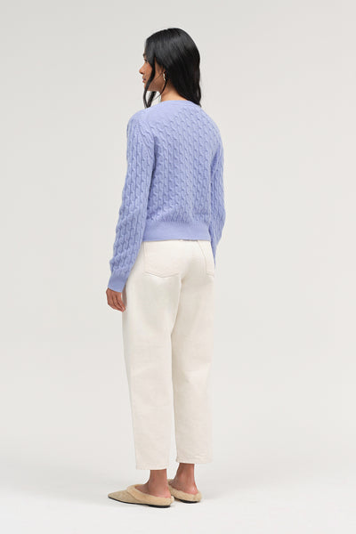 Baby-Blue Pure Cashmere Cabled Crew Neck Cardigan
