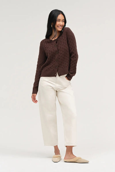 Chocolate Pure Cashmere Cabled Crew Neck Cardigan