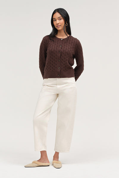 Chocolate Pure Cashmere Cabled Crew Neck Cardigan