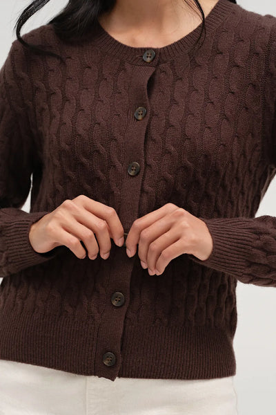Chocolate Pure Cashmere Cabled Crew Neck Cardigan