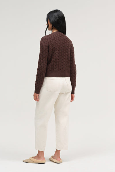 Chocolate Pure Cashmere Cabled Crew Neck Cardigan