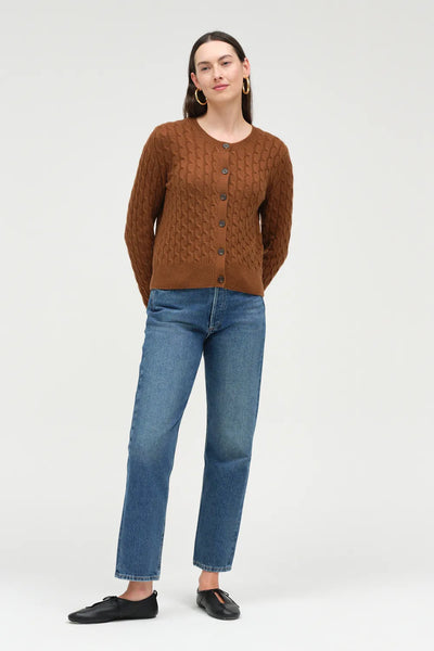 Toffee Pure Cashmere Cabled Crew Neck Cardigan