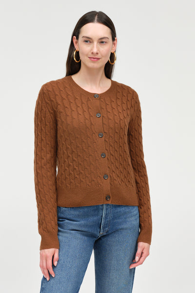 Toffee Pure Cashmere Cabled Crew Neck Cardigan