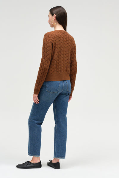 Toffee Pure Cashmere Cabled Crew Neck Cardigan