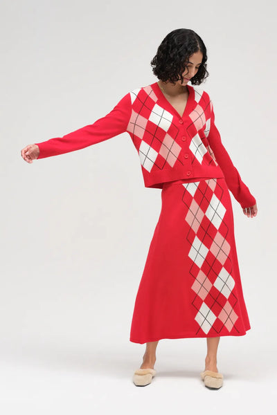 Red Wool-Cashmere Argyle Cardigan