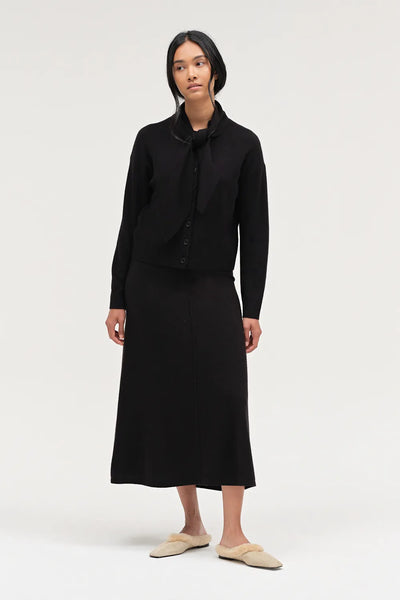 Black Wool-Cashmere Tie Neck Cardigan